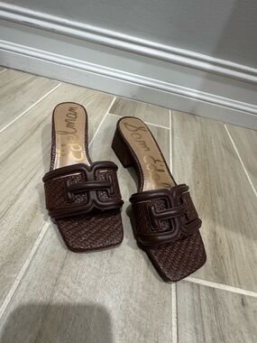 Sam Edelman Brown Woven Leather Block Heel Mules